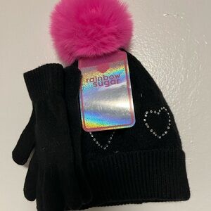 Rainbow Sugar Girl 2pc Set Faux Fur Hat And Mitten Black Pink Beanie New Age 8Up